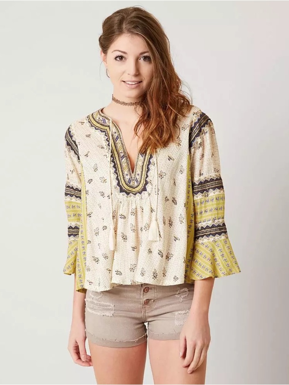 Free People But I Like It Boho Ivory Yellow Floral Embroider Tassel Flowy Blouse